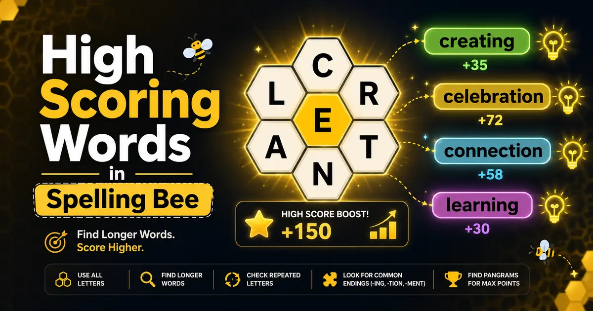 Modern Spelling Bee puzzle interface with honeycomb letters and high scoring words like creating, celebration, connection, and learning glowing with score boost effects