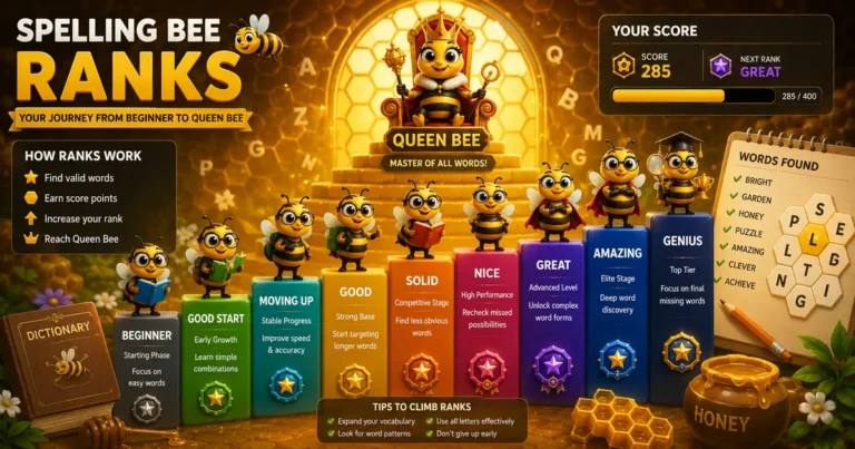 A colorful illustration of Spelling Bee ranks showing bees progressing from Beginner to Queen Bee with score bars, word puzzles, and ranking levels in a honeycomb environment.