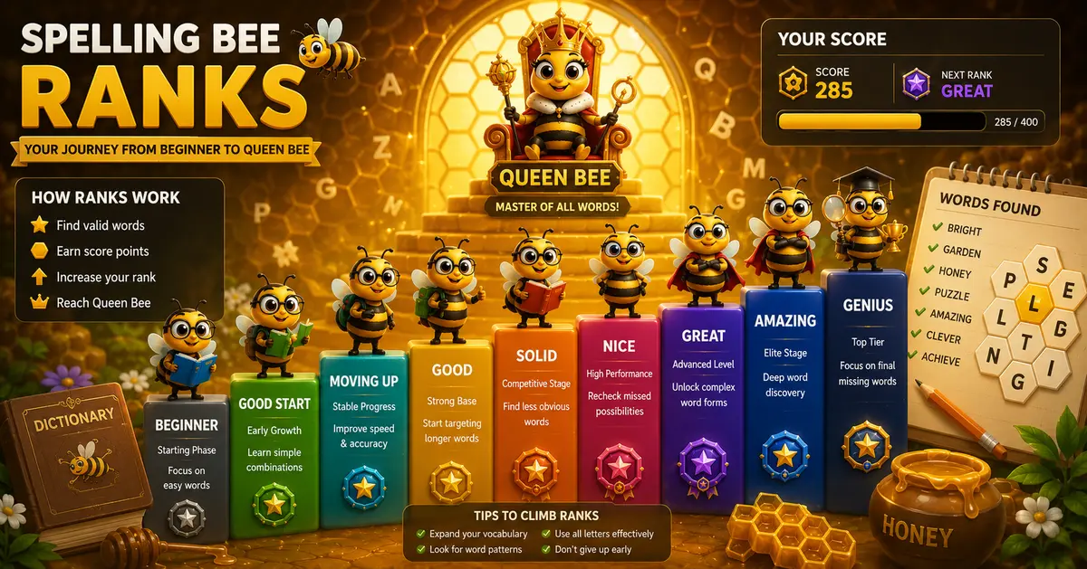 A colorful illustration of Spelling Bee ranks showing bees progressing from Beginner to Queen Bee with score bars, word puzzles, and ranking levels in a honeycomb environment.