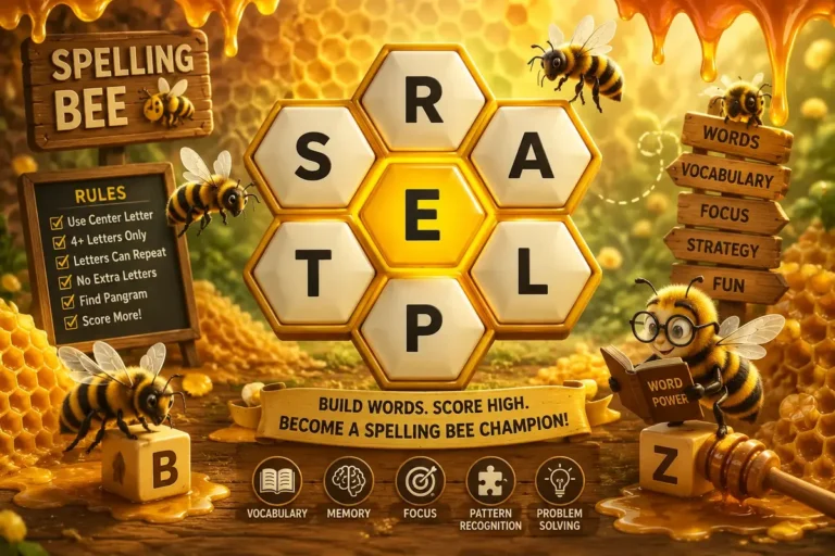 Spelling bee rules illustration with honeycomb letters puzzle, center letter highlighted, bees flying and word game elements